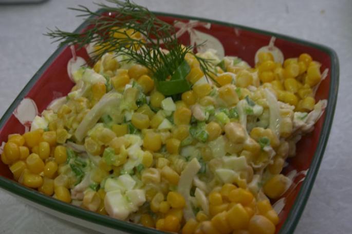 Salad of squid, corn and eggs Squid recipes for salad with corn